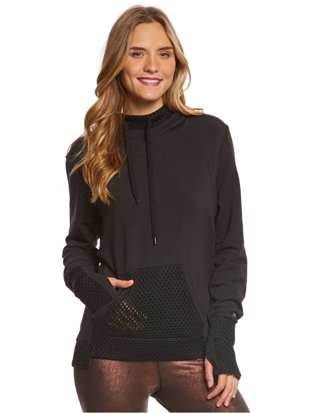 Alo Yoga Eclipse Yoga Long Sleeve Hoodie Sz M Black Mesh EUC